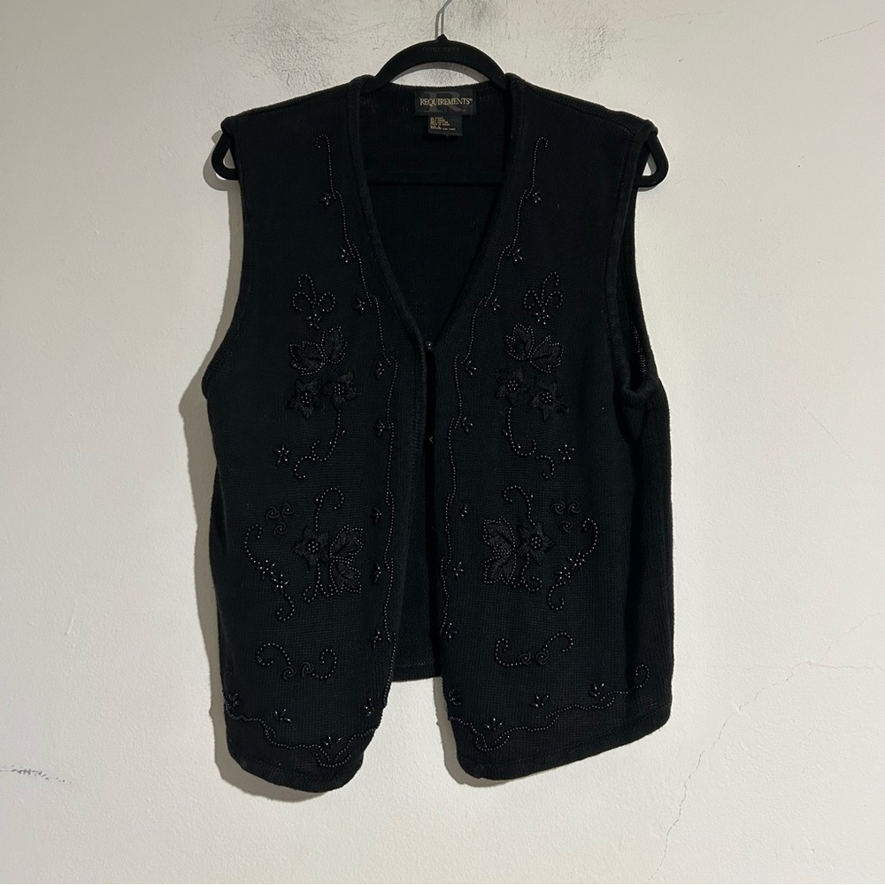 Vintage Floral Beaded Open Sweater Vest Black Large Whimsigoth Witchy Dark
